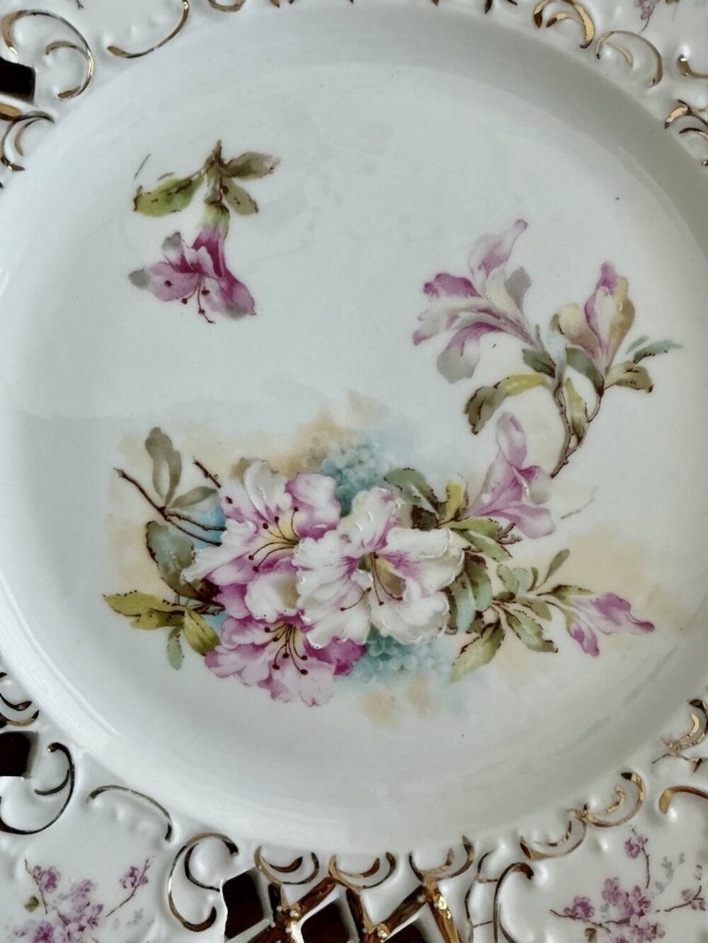 Antique Pierced Porcelain Plate Apple Blossom Floral Gold Gilt 10in - Picture 2 of 16